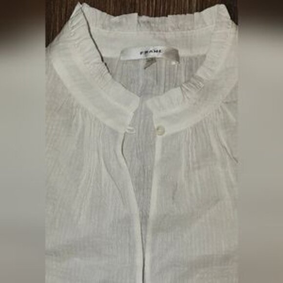 Frame White Linen Blend Short Sleeve Inset Lace Ruffle Collar Top  NWOT Sz Large - Picture 5 of 8